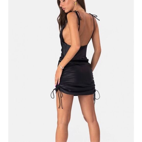 Adika Willow Satin Black Ruched Dress Size Large - Picture 3 of 9